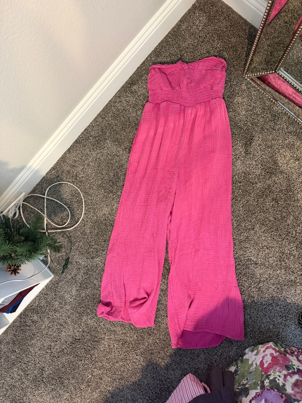Anthropologie Bright Pink Strapless Wide-Leg Jumpsuit 100% cotton